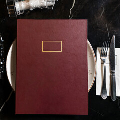 Red restaurant menu book top view