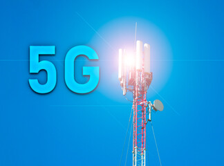 Telecommunications tower Internet and cellular communication with inscription 5G and communication...
