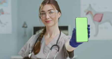 Close up of veterinarian sitting in hospital showing greenscrean of phone. Girl in medical suit with stethoscope, blue gloves, glasses holding smartphone. Vertical screen. Concept of pets care.
