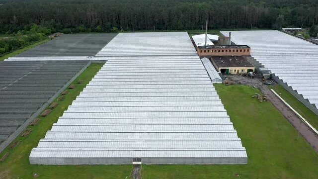 Flying over a large greenhouse with vegetables, a greenhouse view from above.