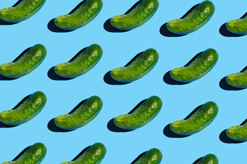 Flat lay of trendy seamless pattern cucumbers. Pattern of green cucumbers on a blue background. Vegans concept. Suitable for posters, packaging, postcards