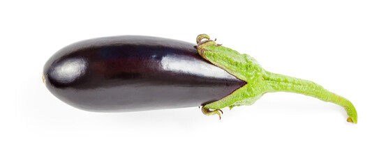 Fresh vegetable placed horizontally on a white isolated background in a photo studio - purple eggplant with a green stem from the squash family.