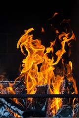 Obraz premium The charred wood in the stove in bright tongues of orange, yellow and red flames against the black background of the smoky wall behind the iron rods of the fireplace.