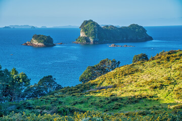 Amazing aerial view of Coromandel islands from Cathedral Cove trail