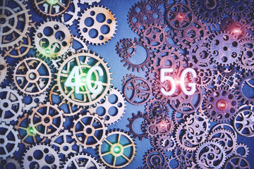 Modern technologies and progress of 4G networks switching to 5G.Logo of 4G and 5G networks on the background of gears.