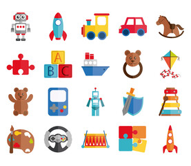 cartoon toy rocket train car robot cube boat bear kite, object for small children to play, flat style icons set