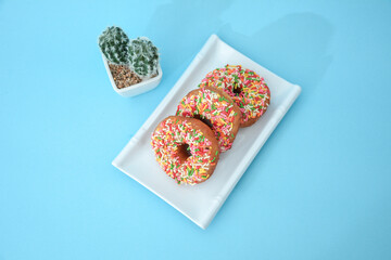 Donut cake with colored grains, there are cactus tree accessories set in the light blue