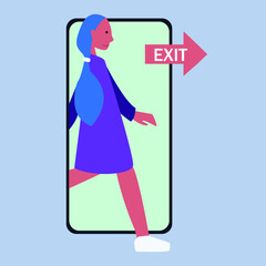 Vector concept of digital detox. A woman exits from the screen of a mobile phone.