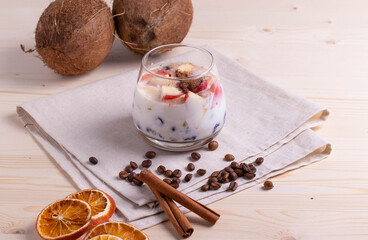 yumy milky desert or yughurt with fruit and berries