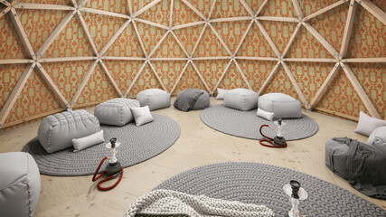 Modern geodesic dome tent yurt interior with hookahs. Nomad tent interior. © Jan