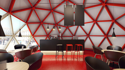 Modern geodesic dome tent coffee bar interior. Circle cafe bar visualization with empty space for logo.