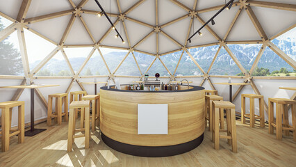 Modern wooden geodesic dome tent restaurant interior in mountains. Circle restaurant apres ski bar visualization with empty space for logo. © Jan