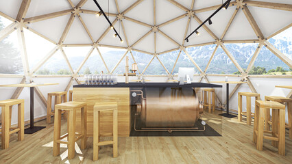 Modern geodesic dome tent restaurant interior with beer tank in mountains. Circle restaurant apres ski bar visualization. © Jan