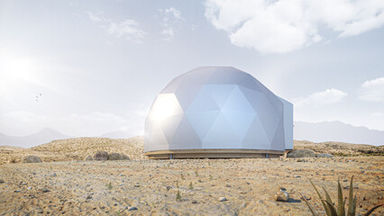 Modern white geodesic dome tent in desert. Nomad tent in sand desert. - obrazy, fototapety, plakaty