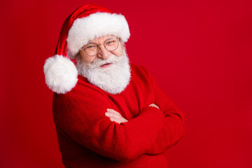 Turned photo of positive old man in santa claus headwear cross hands ready for holly jolly fairy newyear event wear pullover isolated over bright shine color background