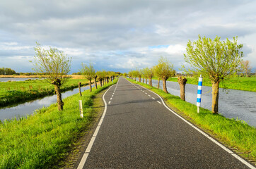 Obraz premium A narrow village road running along the canals. The Netherlands