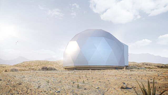 Modern white geodesic dome tent in desert. Nomad tent in sand desert.