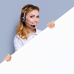Call Center Service. Customer support or sales agent. Business woman or caller or receptionist phone operator showing sign board or billboard with copy space. Helping, answering, consulting. Square.