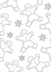 Christmas coloring page or seamless pattern with gingerbread men for adults, outline vector stock illustration for print in coloring book