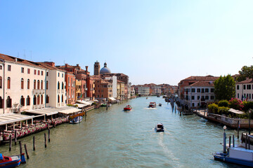 Panoramic view of the Grand Canal in Venice, Italy. Beautiful summer day with clear blue sky.