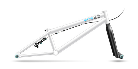 White tubular frame bicycle BMX. Black shiny fork, cable, rear brake and axle nuts. Vector bike parts for technical design of vehicle, each object is grouped and has a name