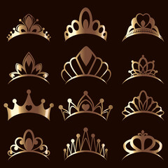 Set of elegant diadems and tiaras. Beautiful queen gold tiaras, princess crowns.  © Ice pick