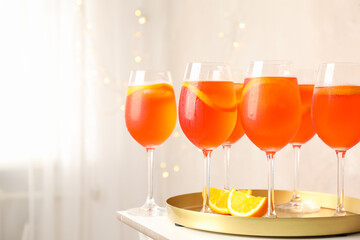 Composition with tray with cocktails. Summer drink