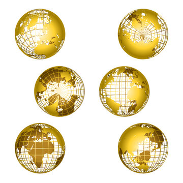 Earth grid gold globes set. World map globe transparent. 3d sphere wires, earth network vector isolated set.
