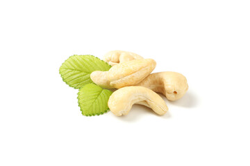 Cashew nuts and leaves isolated on white background