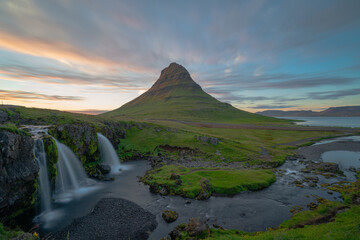 sunset at kirkjufell and kirkjufellsfoss in Iceland