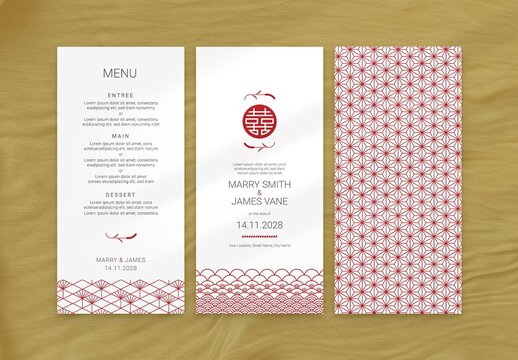 Wedding Menu Layout with Geometric Asian Style Pattern