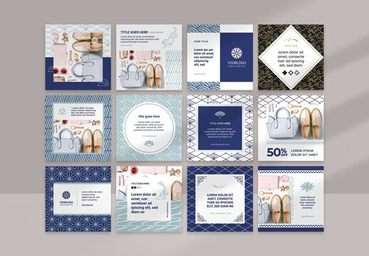 Social Media Layouts with Blue Geometric Asian Style Patterns