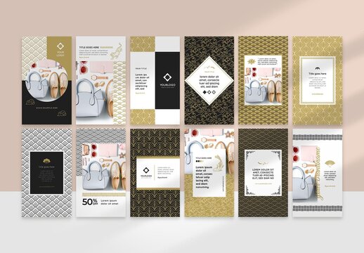 Black and Gold Social Media Layouts with Art Deco Geometric Asian Style