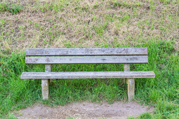 An old wooden bench in a park with greens around it