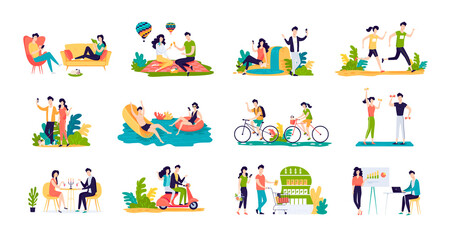 Young couple spending time together vector illustration set