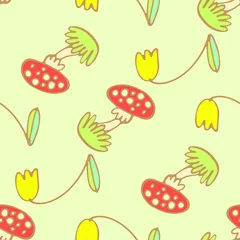 Fototapeten Seamless  pattern with yellow tulips and mushrooms on light green background. Hand drawn vector.  Stock illustration of spring plants and funguses. © Viktoria