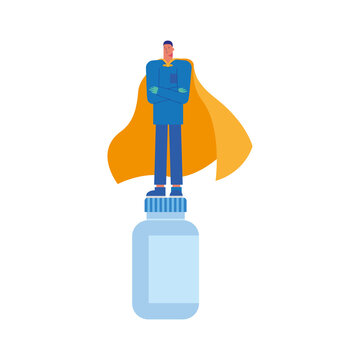 Professional Doctor Surgeon With Hero Cloak In Medicine Bottle