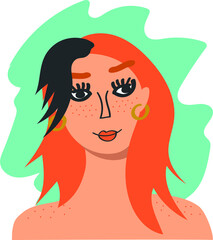 Portait of redhair freckled girl with black bangs. Head of young glamour beautiful woman with long hair. Female with clean skin without makeup. Body positive character vector illustration.