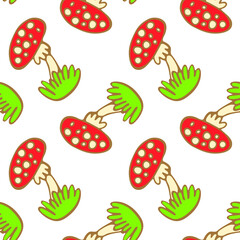 Seamless pattern of hand drawn mushrooms isolated on white background. Vector stock illustration of fly agaric.