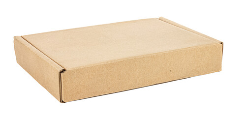 View of closed flat brown carton box isolated on white background