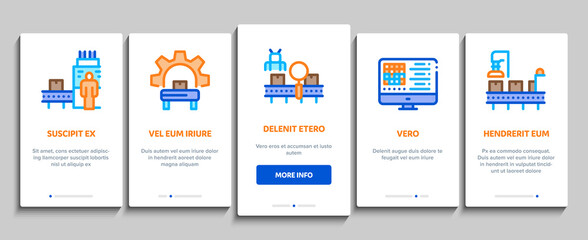 Manufacturing Process Onboarding Mobile App Page Screen Vector. Manufacturing Conveyor Car And Products, Factory Computer Settings And Robot Arm Illustrations