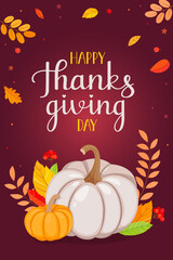 Thanksgiving background on a dark background. Autumn leaves, pumpkin, rowan branches and lettering.