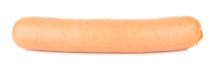 Side view of single uncooked sausage in natural shell isolated on white background