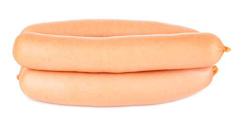 Side view of lying uncooked sausages in natural shell isolated on white background