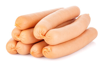 Heap of uncooked sausages in natural shell isolated on white background