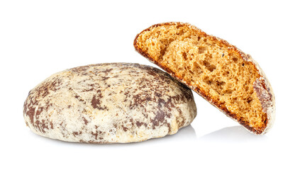 Lying whole and broken gingerbread cookies isolated on white background