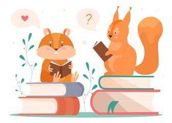 Animals reading vector illustration. Cartoon flat clever beaver and squirrel booklover reader characters sitting on books stack, reading storybook and thinking, animalistic concept isolated on white