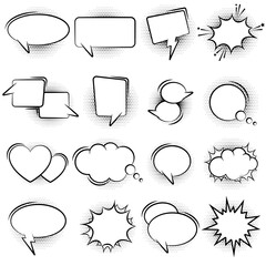 Set of vector speech bubbles with halftone dots. Pop art style
