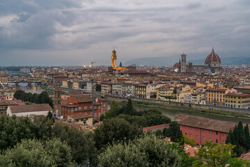 Fototapeta na wymiar Florence old city skyline at night with Ponte Vecchio over Arno River and Cathedral of Santa Maria del Fiore in Florence, Tuscany, Italy.