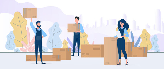 People with boxes. Movers are holding cardboard boxes. The girl with the list in her hands. Design element on the subject of delivery and moving. Vector.